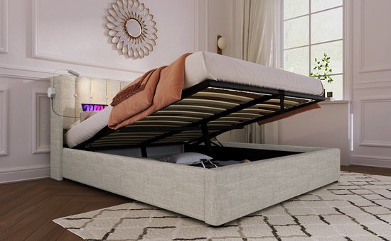 Merax Lit Double Rembourré 160x200 cm Comprenant Matras Mousse Froide 7 Zone - Lit avec Lampe de Lecture et Fonction Recharge de Téléphone - Espace de Rangement Hydraulique - Beige