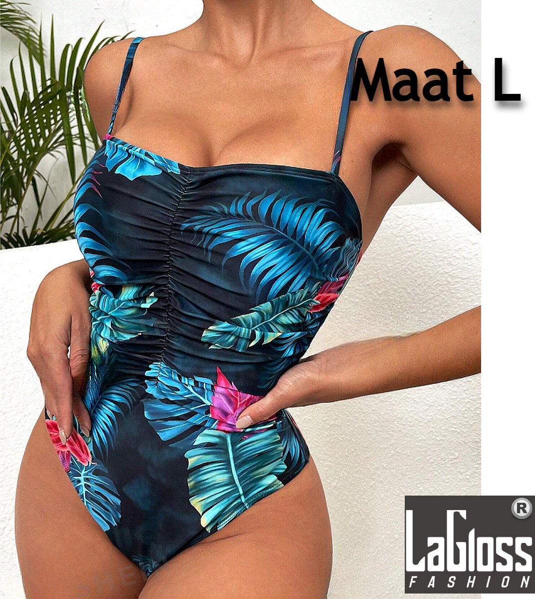 LaGloss® Blauw Tropisch Bloemen Badpak - Zomer Beach Swimsuit - 1-delig - Maat L - Zwembad