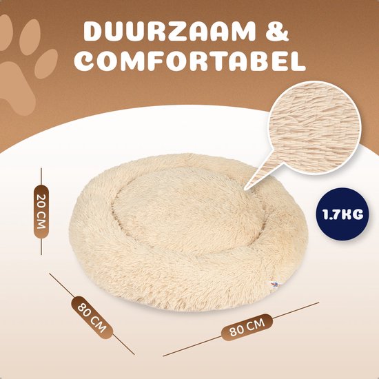 Pet Perfect Premium Donut Lit pour chien 80 cm – Coussin moelleux pour chien – Lit pour chien – Beige – Avec fermeture éclair – Lavable – Extra rempli