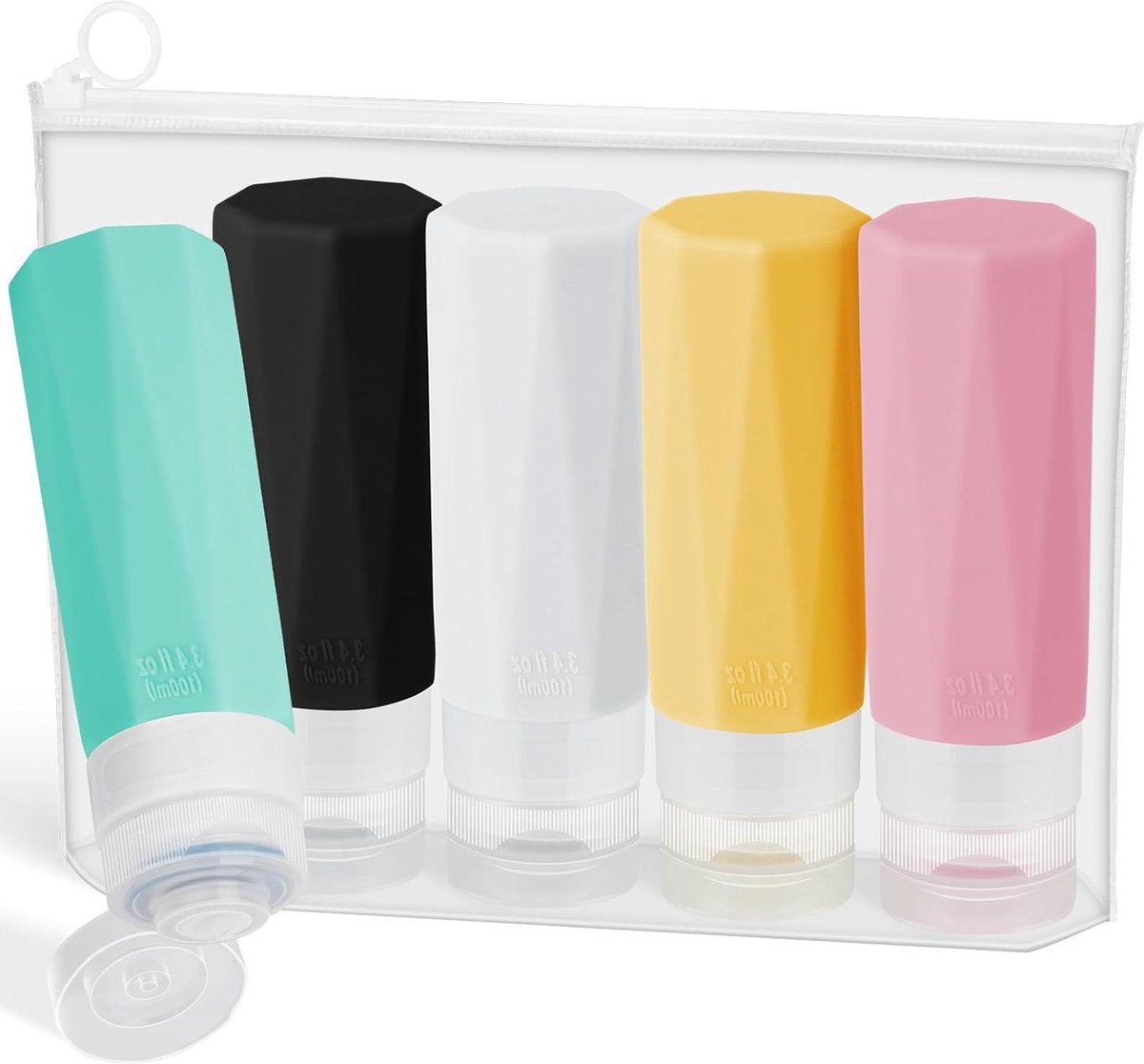 Reisflessen 100ml 5 Stuks Hervulbare Siliconen Reizflesjes met Opbergtas Lekvrije Reiscontainers voor Vloeistoffen Shampoo Lotion reisflesjes 100ml