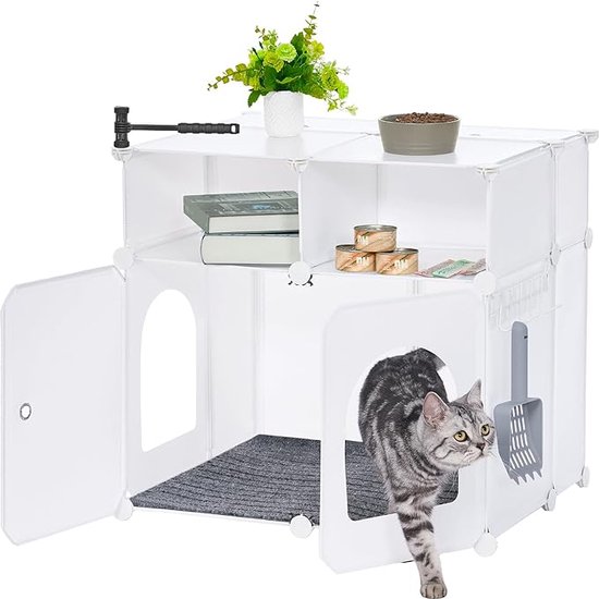 COSTWAY Kattenbed, 2 etages, bamboe, kattenslaapplaats met afneembare pluche matten en 2 kattengaten, kattenhuis met 2 bedden, kattenmeubel, katten