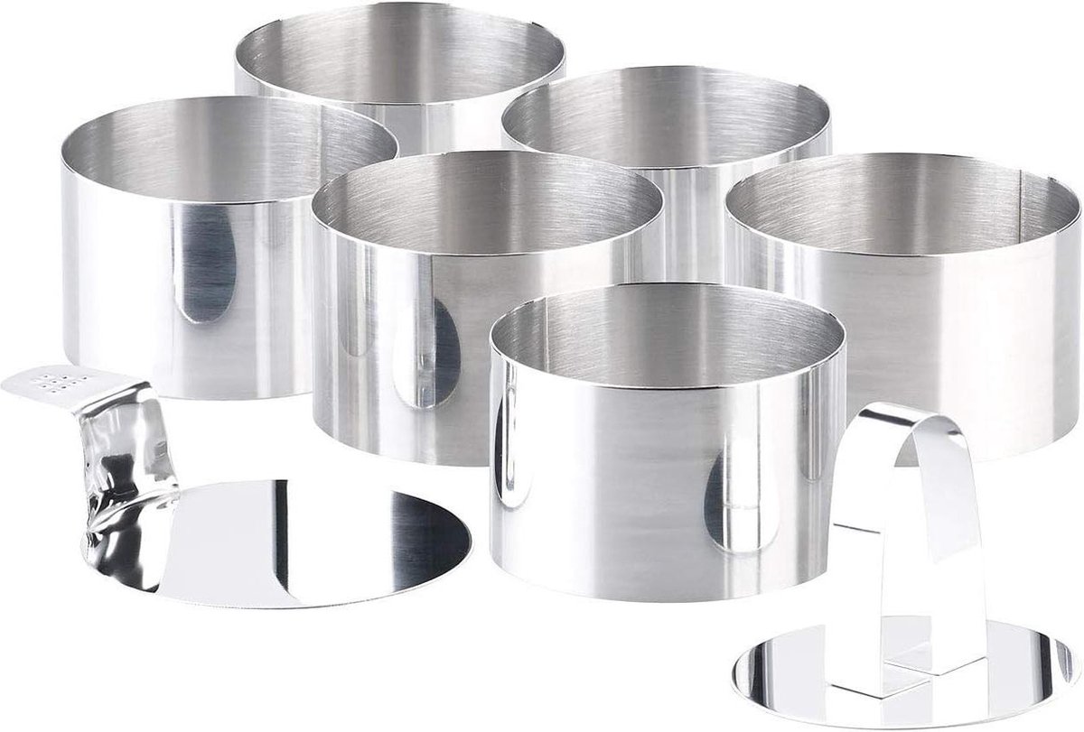 6 dessert-dinerringen Ø 8 cm hoogte 5 cm met lifter en stamper dressing dinerring uitsteekvorm