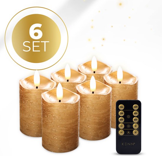 KENN® 3D LED Kaarsen - 6 Stuks - Rustiek Goud - Met Afstandsbediening - Realistische Led Kaarsen - 200 Uur - Rustige Vlam - Warm Wit - Kerstverlichting - Wax LED Kaarsen