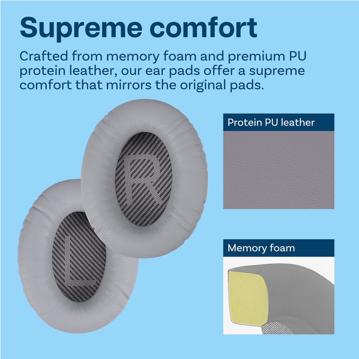 Vervangende Oorkussens voor Bose QuietComfort 35 (QC35)/Bose Quiet Comfort 35 II (QC35 II) Over-ear Hoofdtelefoon van MMOBIEL - Protein PU Koptelefoon Oorkussens - Hoofdtelefoon Earpads – Licht Grijs thumbnail 2