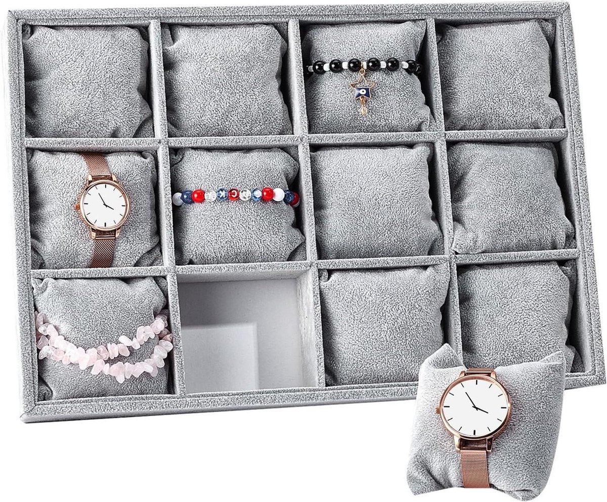 12-Grid Horloge Tray Organizer - Fluwelen Armband Display - Horloge Showcase - Verstelbaar Kussen - Bangle Opslag 35x24x5cm