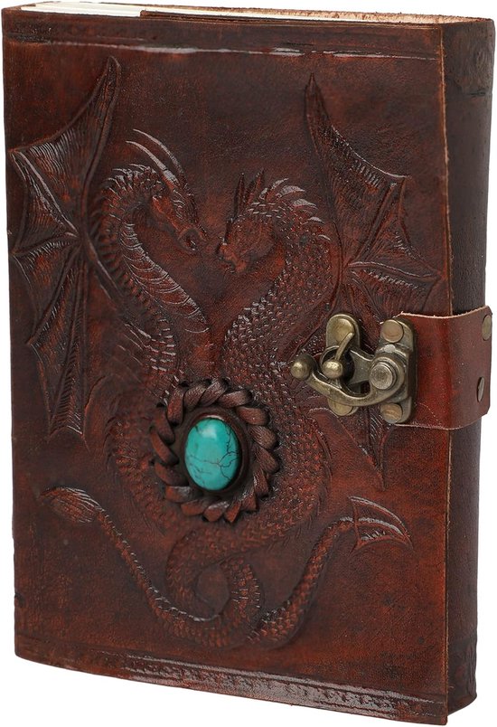 Bruin lederen dagboek met twee draken reliëf, turquoise steen en metalen slot.