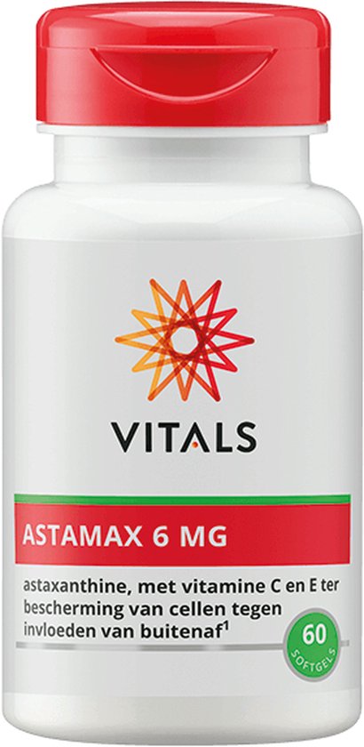 Potje Vitals Astamax 6 mg softgels, met astaxanthine, vitamine C en E ter bescherming van cellen tegen invloeden van buitenaf.