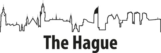 Zwarte skyline van Den Haag met de tekst 'The Hague' eronder.