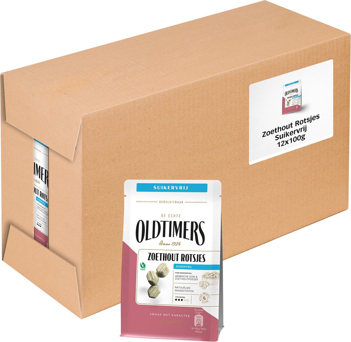 Oldtimers - Drop - Zoethout Rotsjes Suikervrij - 12 zakjes - 100 gram
