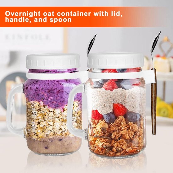 Herbruikbare Overnight Oats Containers - Draagbare Luchtdichte Havermoutpotten met Deksels - Inclusief Lepels - Voor Muesli Yoghurt Salade - Set van 2 — afbeelding 3