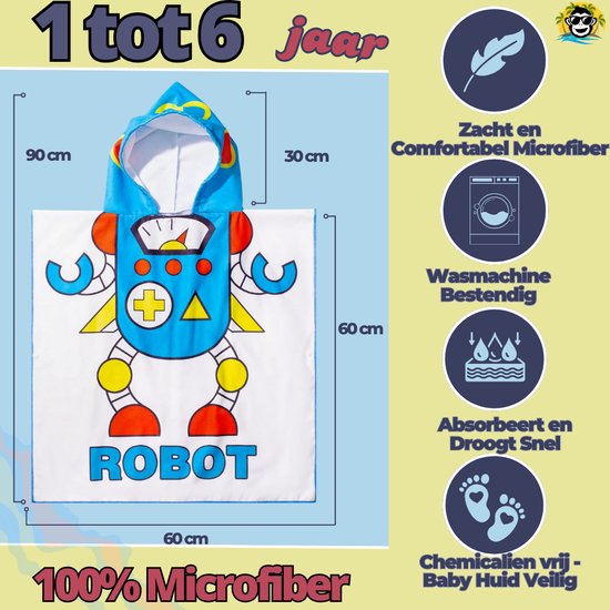 BoefieBoef Kinder Badponcho - Baby Badcape - Microfiber Kleuter Badjas Met Capuchon - Kerst Cadeau - Peuter Strandponcho Voor Kinderen tot 6 jaar - 60x90cm - Robot Wit - jongens - meisje - Peuter - Zomer - Strandlaken - Surfponcho - Dreumes van BoefieBoef — afbeelding 3