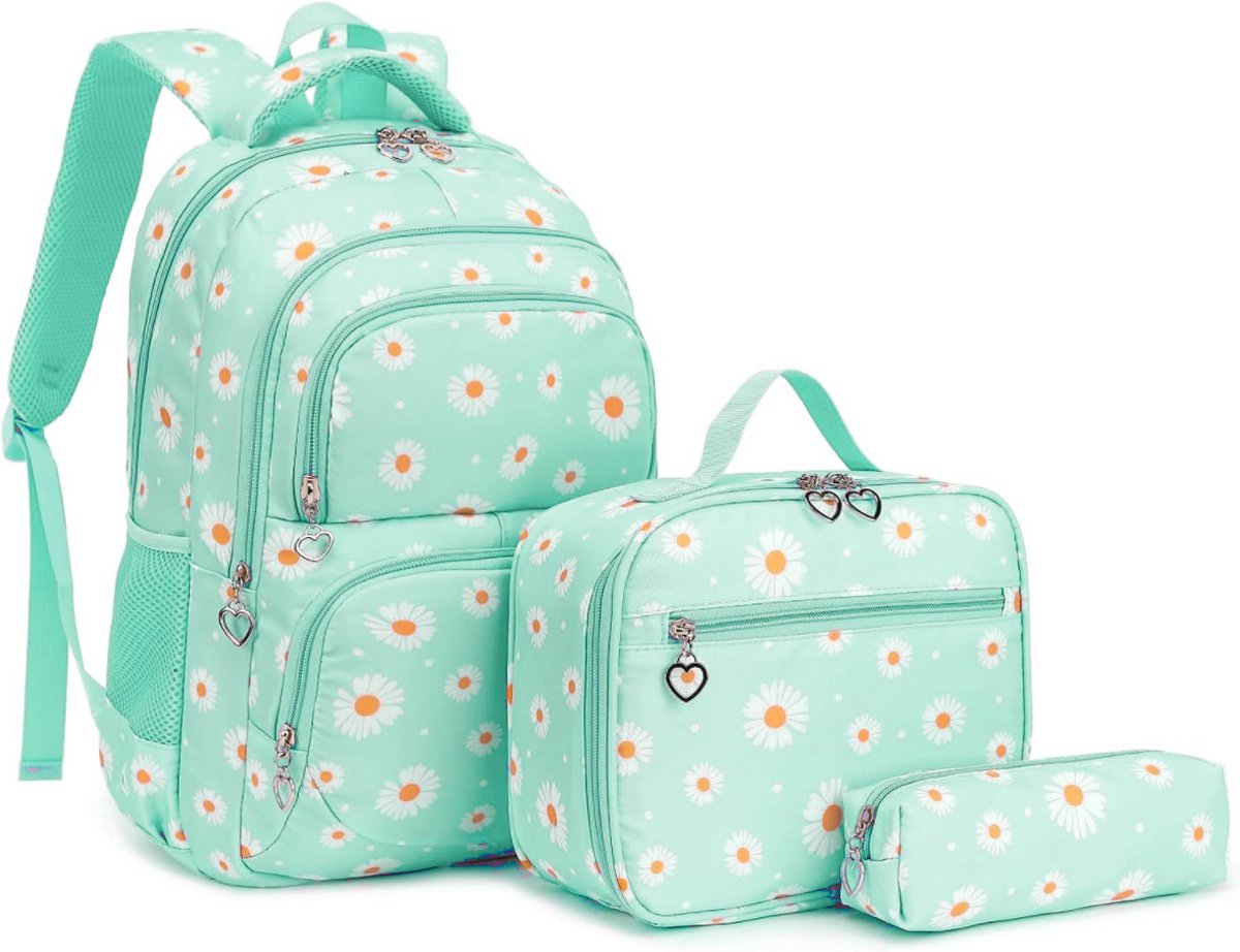 Ultiluxe® Rugzak met madeliefjesprint - Groen/wit - Rugtas, lunchtas en etui - Schoolrugzak voor kinderen - Madeliefjes schoolrugtas - 15.6 inch laptoptas - 30 x 17 x 44 cm - Meiden school tassen set - 22 L - Schooltas voor meisjes