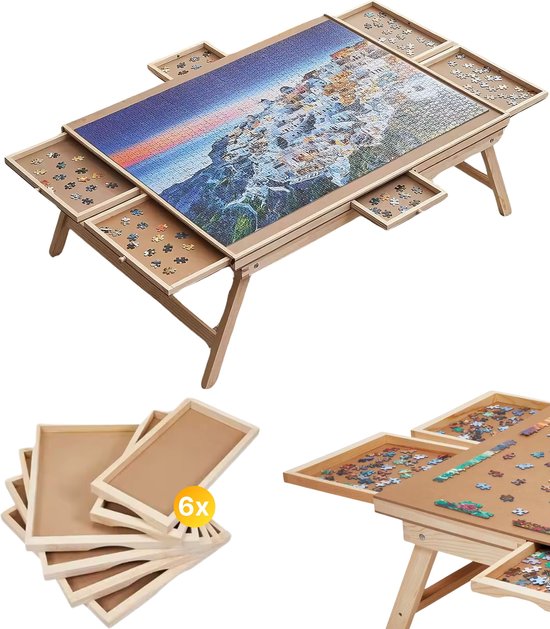 Foto: Dreamgoods puzzelbord met opbergsysteem 6 lades 1500 stukjes houten puzzeltafel puzzelplank puzzelmap puzzelmat portapuzzle puzzelplaat incl bescherm cover puzzel