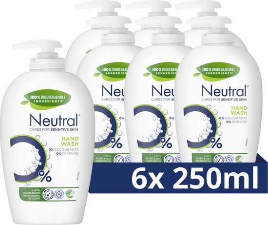 Voordeelverpakking van 6 x 250ml Neutral handzeep. 100% biologisch afbreekbaar, 0% parfum.