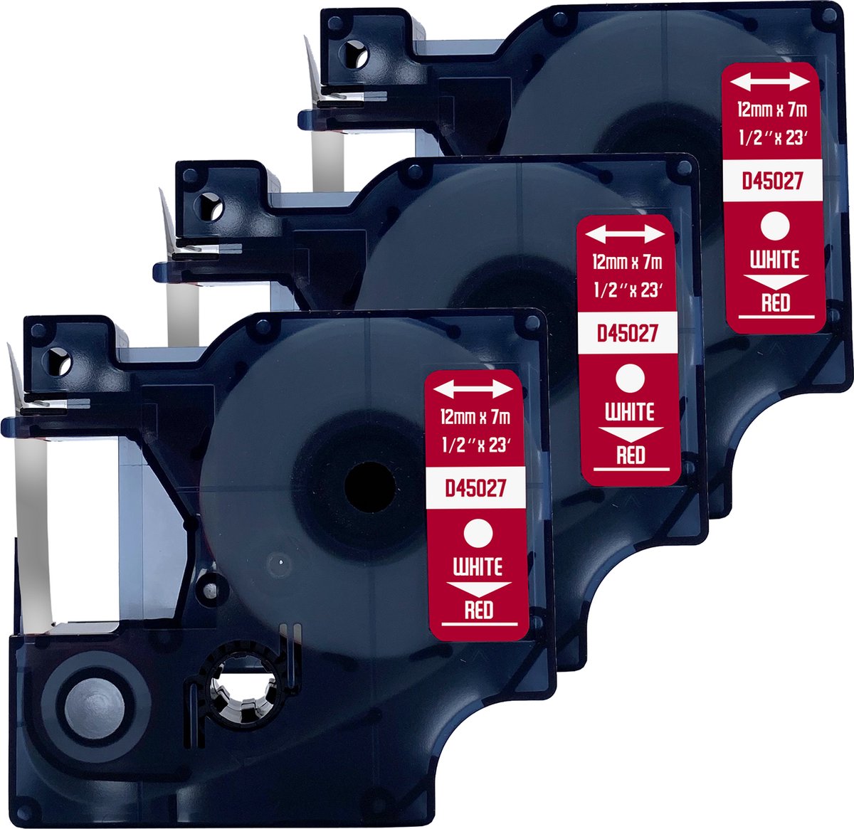 DULA Dymo D1 45027 Compatible label tape - 3 lettertapes - Wit op rood - 12mm x 7m