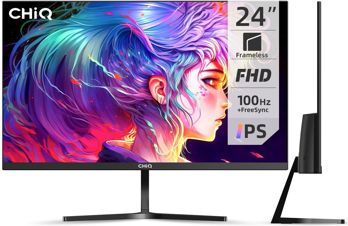 CHiQ 24-inch monitor Full HD (1920x1080) ultradunne monitor 3-zijdig randloos IPS 99% sRGB pc-scherm AMD FreeSync HDMI- en VGA-interface DP 75Hz VA