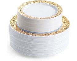MATANA - 120 Set Premium Witte Herbruikbare Plastic Borden met Gouden Rand - Inclusief 60 Diner Borden (26cm) & 60 Dessert Borden (19cm) - voor Bruiloften, Verjaardagen, Doopfeesten, Kerstmis en Feesten