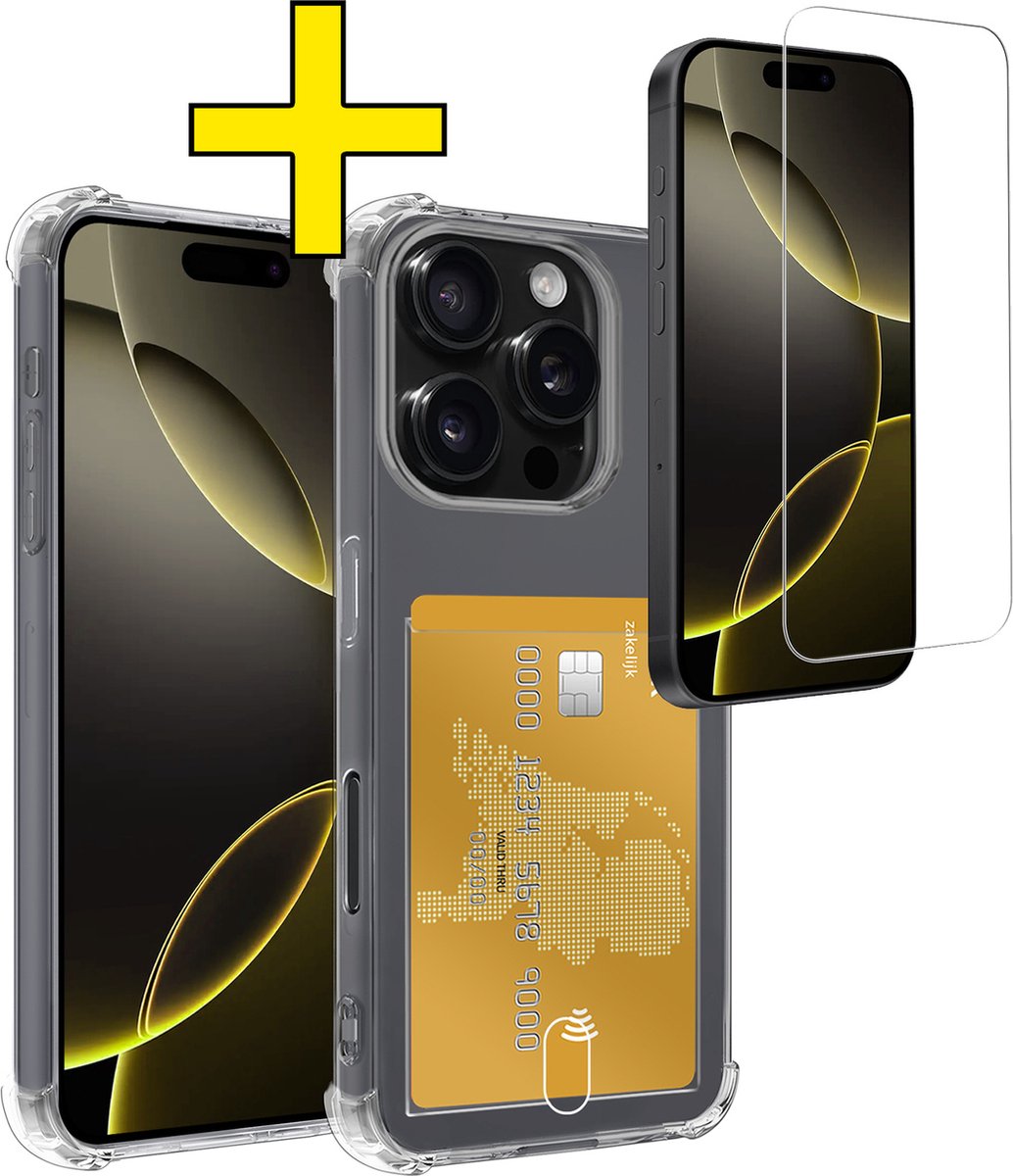 Hoesje - Geschikt voor Apple iPhone 16 Pro Max - Met Screenprotector - En Pashouder - En Kaarthouder - Telefoon Hoes Shockproof - Siliconen Case - Back Cover - Shock Proof - Pasjes Houder - Telefoonhoesjes - Transparant