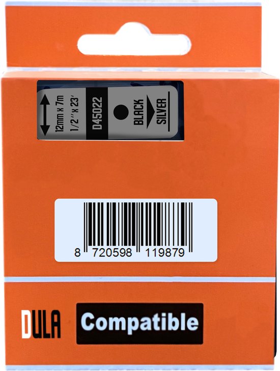 DULA Dymo D1 45022 Compatible lettertapes - Zwart op zilver - 12mm x 7m ...