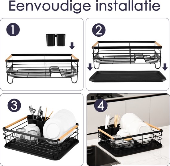 Behave Égouttoir à vaisselle avec égouttoir – Égouttoir à vaisselle – Avec porte-couverts – Gain de place – Zwart