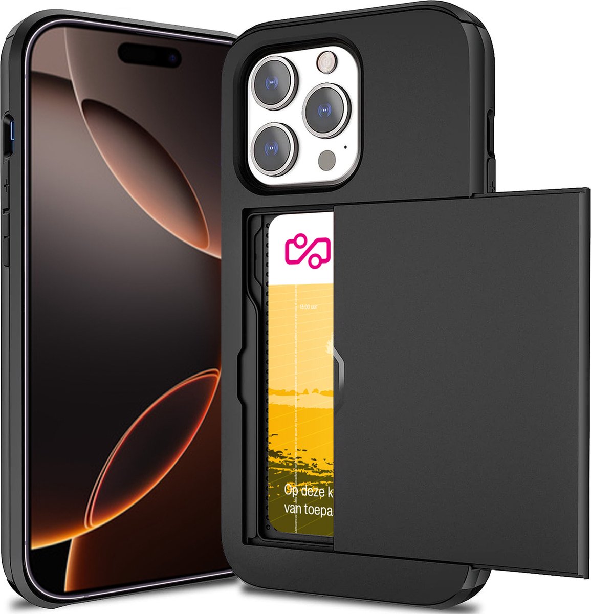 Hoesje met Pasjeshouder geschikt voor iPhone 16 Pro Max - Back Cover SlideCase Zwart