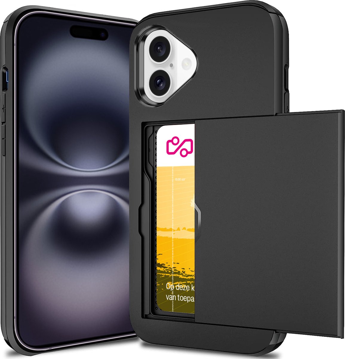 Hoesje met Pasjeshouder geschikt voor iPhone 16 Plus - Back Cover SlideCase Zwart