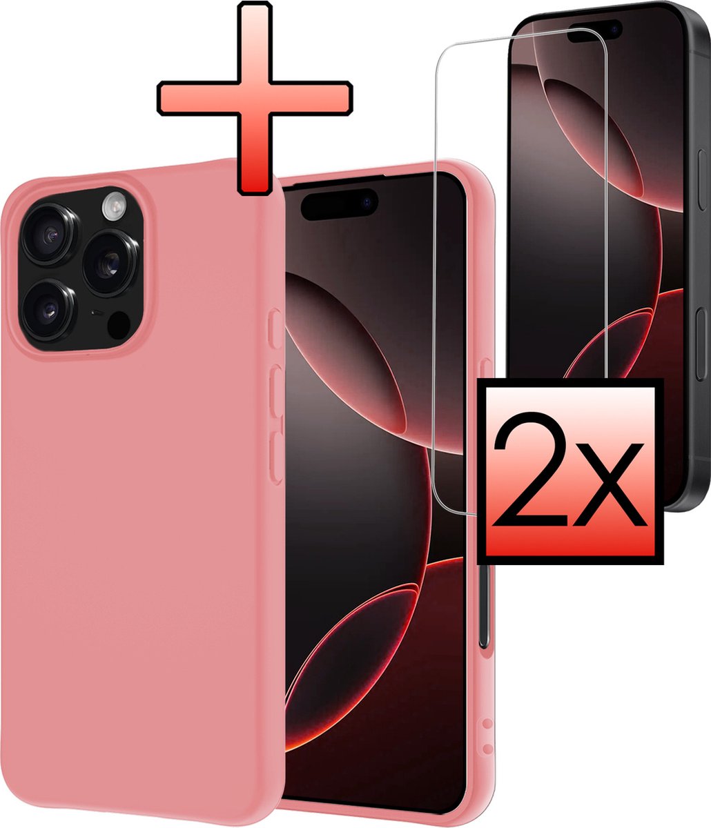 Hoesje - Met 2x Screenprotector - Geschikt voor Apple iPhone 16 Pro Max - Sterk & Shockproof - Back Cover - Siliconen Case - Telefoon Hoes - Lichtroze
