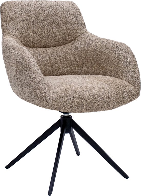Schuin zicht op beige teddy draaistoel met zwarte spinpoten.