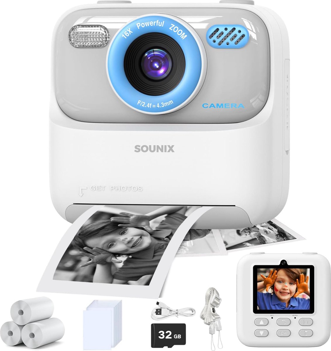 Sounix Kindercamera Full HD met Printer Selfie Camera met 32G SD kaart Digitale Camera Kinderen Foto en Video Spelletjes Wit
