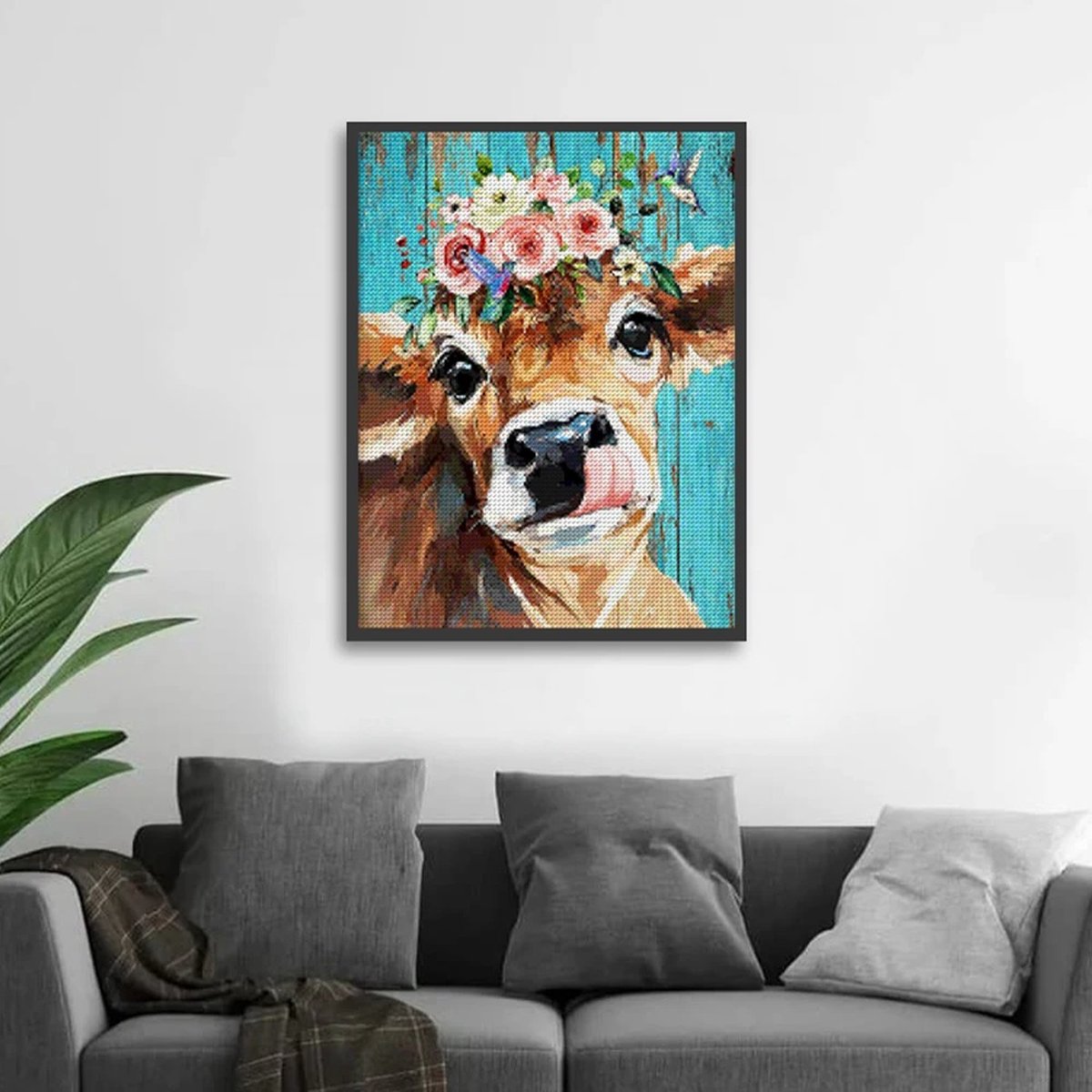 Huntex Diamond Painting Volwassenen - Diamond Painting Kinderen - Diamond Painting Pakket Volledig - Vrolijke Koe met Bloemen - 30x40 cm — afbeelding 4