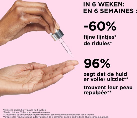 Een hand met een pipet die serum op een andere hand druppelt. In 6 weken: -60% fijne lijntjes. 96% vindt de huid voller.