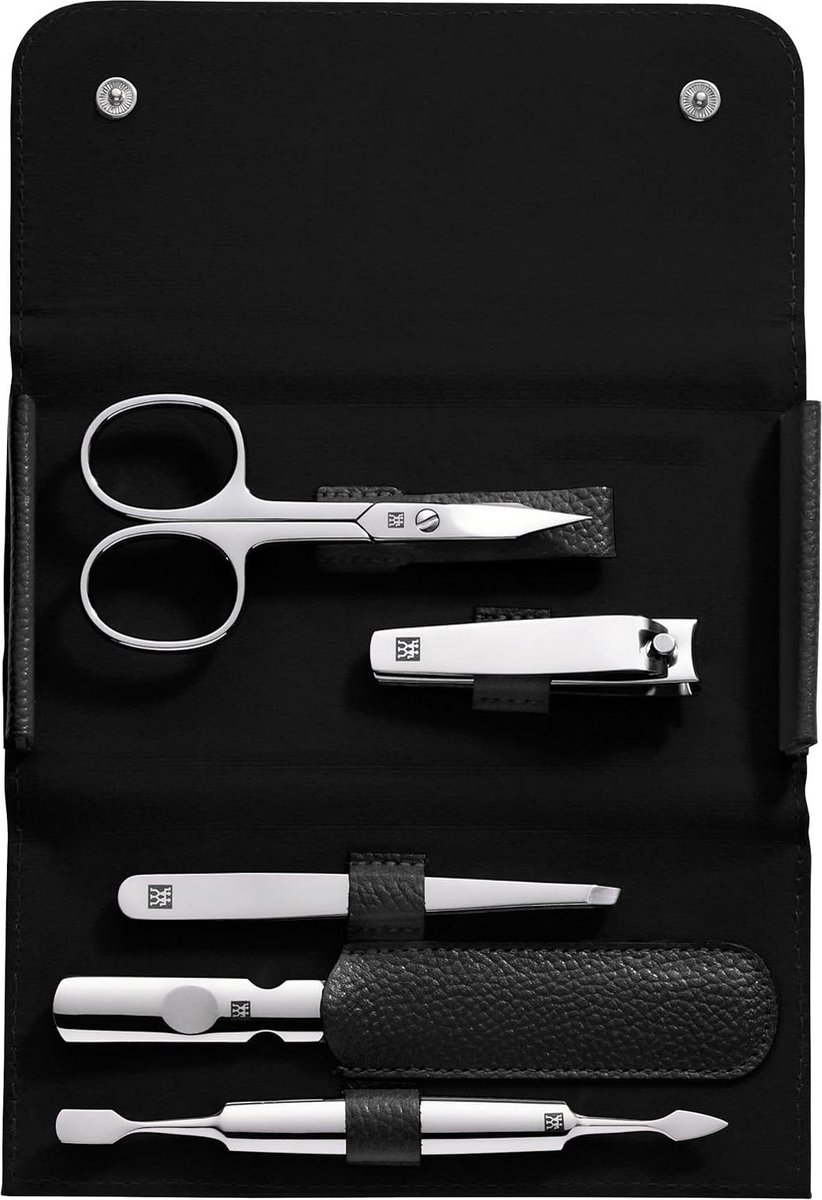 Goedkoopste Manicure set - Manicureset 5-delig pedicureset in reisformaat met nagelknipper echt lederen etui - gepolijst roestvrij staal zwart