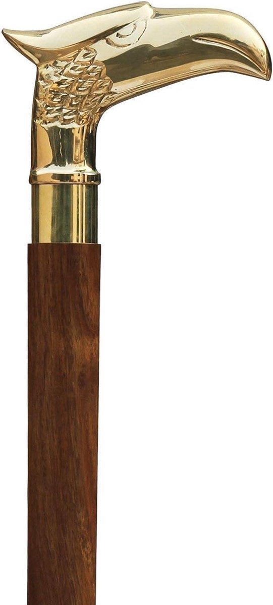 Wandelstok houten stok adelaarskop senioren gouden afwerking 91 cm