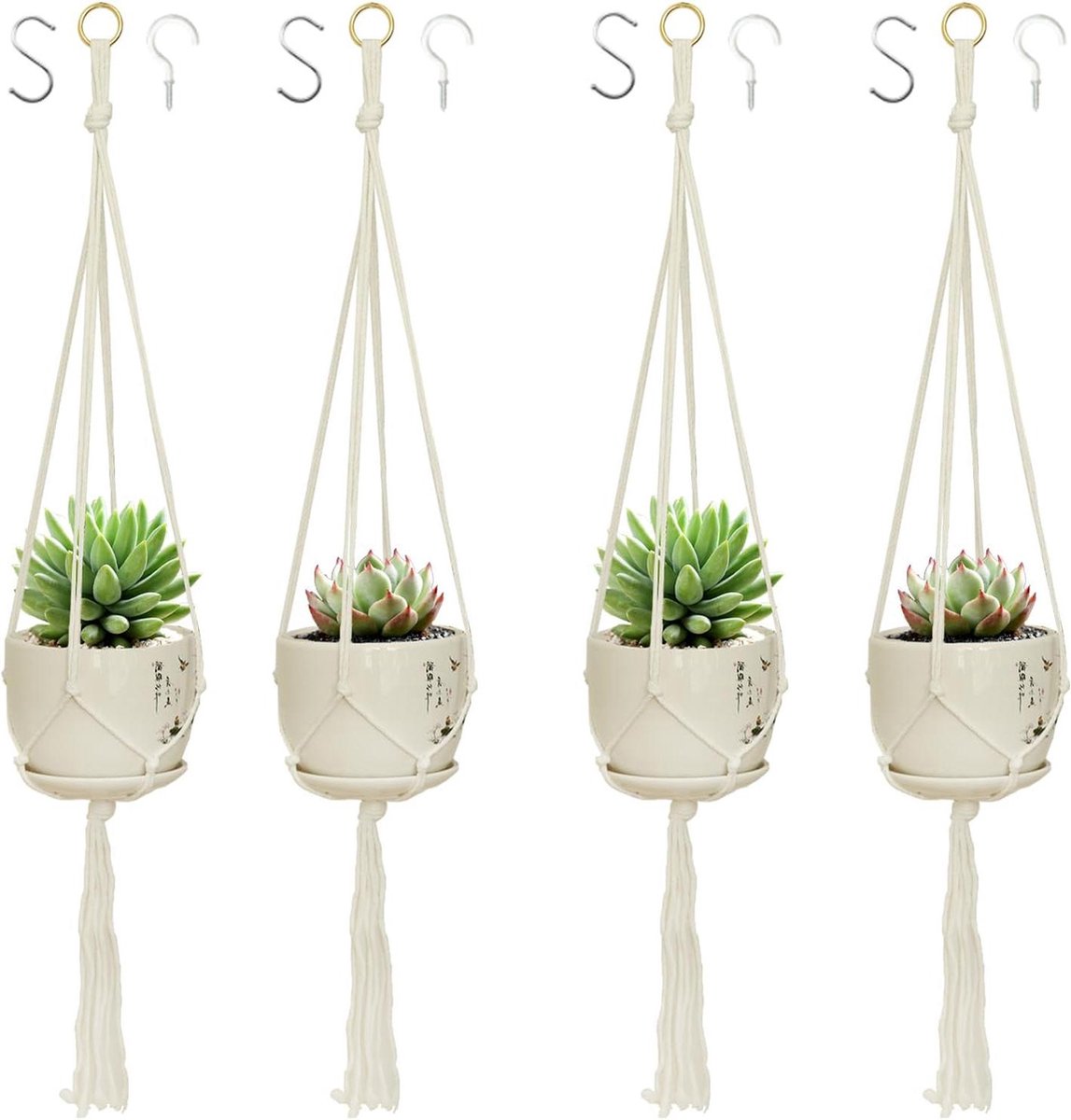 Plantenhanger Boho decoratief katoenen touw hanglamp Set van 4 Binnen buiten plafond balkon wanddecoratie