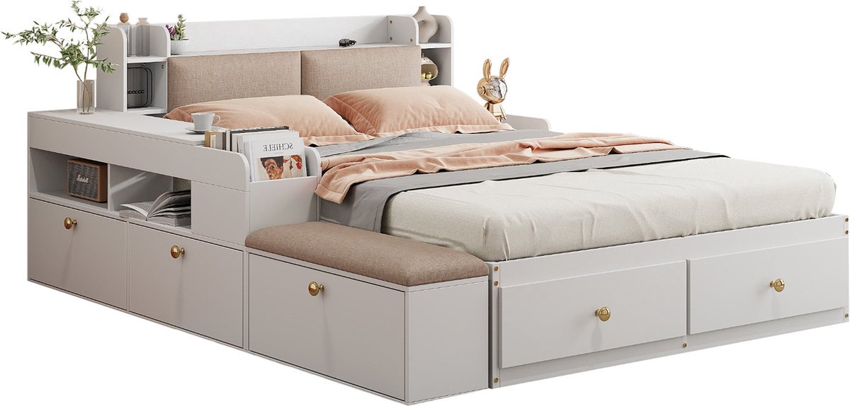 Merax Tweepersoonsbed 140x200 cm met Ruime Opbergruimte en Zitvlak - Massief Houten Bed met Lades en Planken - Wit