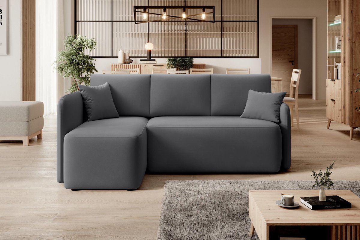 Hadson hoekbank met slaapfunctie en beddengoedcontainer, linkerkant, 206 cm x 150 cm, veloursstof, donkergrijze kleur