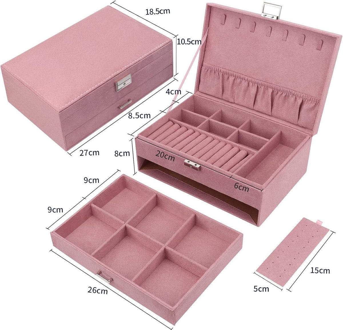 Sieradendoos, sieradenopslag, sieradenkistje, afsluitbaar, voor op reis, sieradenkistje van fluweel, 2-laags, sieradenopslag, sieradenorganizer voor halskettingen, ringen, armbanden, zwart
