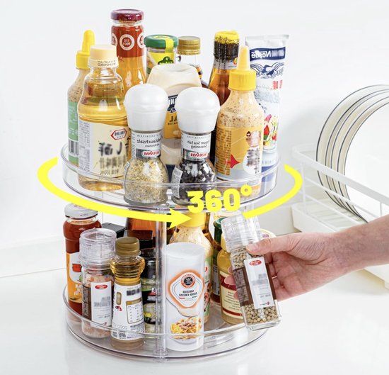 Armoire de rangement de Cuisine , support à épices rotatif Lazy Susan, organisateur d'armoire à plateau tournant, étagère à épices rotative, organisateur d'épices transparent, étagère de cuisine à deux niveaux (transparent-23 cm)