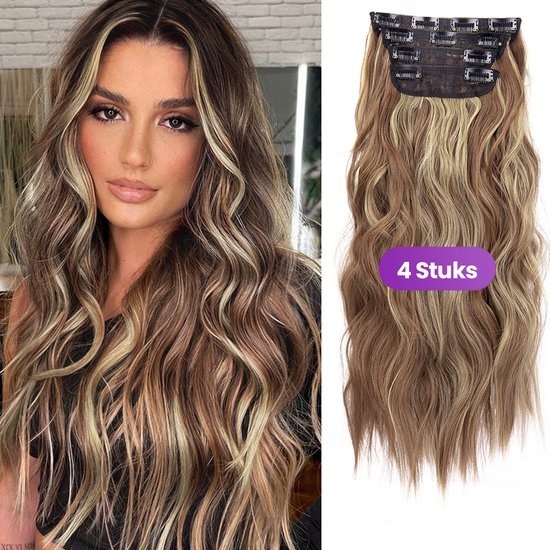 Foto: Sassygoods haarextensies clip in extensies complete set van 4 hair extensions bruin blond haar extensions clip in golvende haarverlenging haarstuk nep haar nephaar 50 cm