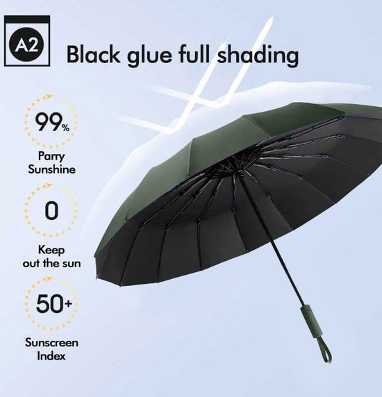 Parablu Parapluie Pliant Coupe-Vent à 16 baleines, Grand Parapluie Pliant à Ouverture Automatique, Coupe-Vent, Parasol UV, Vert foncé