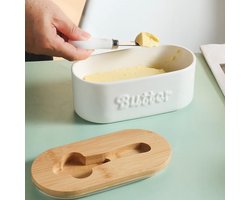 Porseleinen Botervloot 650ML 22.20oz met Houten Bamboe Deksel en Mes - Verwijderbare Siliconen Afdichting - Wit