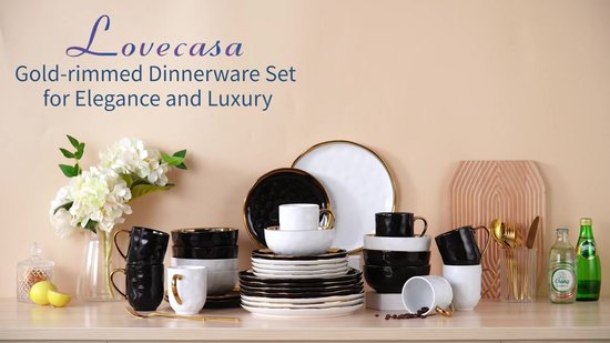 Serviesset - 8 Persoons Servies - Keramiek - Diner- en Dessertborden, Kommen en Kopjes - 32-delige Set - Zwart - Goud