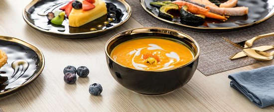 Serviesset - 8 Persoons Servies - Keramiek - Diner- en Dessertborden, Kommen en Kopjes - 32-delige Set - Zwart - Goud