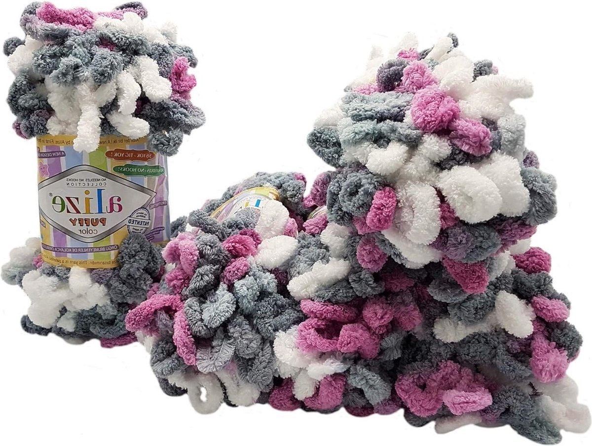 Puffy Color 5 x 100 gram breiwol 500 gram super volumineus vingerbreiwol meerkleurig luswol breien zonder naald roze grijs wit 6070