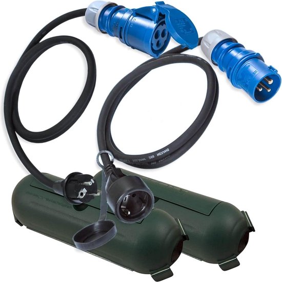 CEE adapterkabelset 15 m haakse koppeling aan Schuko stekker CEE-adapterkabel en beschermbox groen - H07RN-F 3 x 2,5 mm² 230 V 16 A stroomadapter - campingkabelset voor camper, caravan, boot