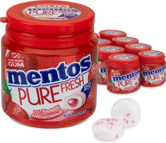 Mentos Pure Fresh aardbei kauwgom in rode pot met aardbeienprint. Suikervrij, 50 stuks.