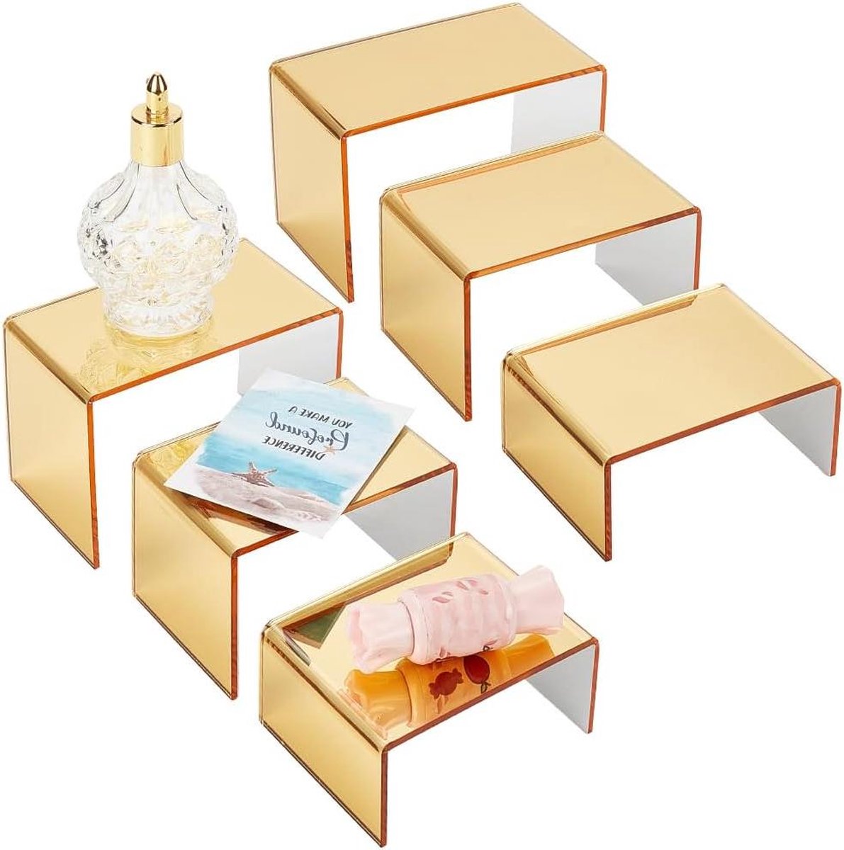 Gouden Acryl Display Risers - 6 stuks - Product Stand Plank - 3-Tier - Parfum Organizer - Clear Aanrecht Showcase - Craft Cupcake Dessert Curio Kast Collectie - 28x4~49x15~74 cm