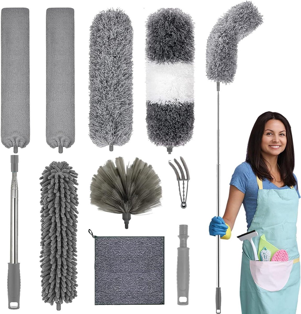 Goedkoopste Telescopische microfiber plumeau set - wasbare reinigingsstof - uittrekbare stofbezem - 100 inch telescoopstang - stofwisser - buigbare stofdoek - hoge plafondventilator - spinnenwebben - grijs Plumeau