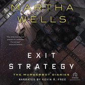 Boekcover van 'Exit Strategy' door Martha Wells. Een ruimteschip met een sterrenhemel op de achtergrond. Tekst: 'Exit Strategy', 'The Murderbot Diaries'.