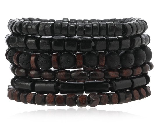 Bracelet Perles – Set de 6 Bracelets – Bracelet en bois – Zwart